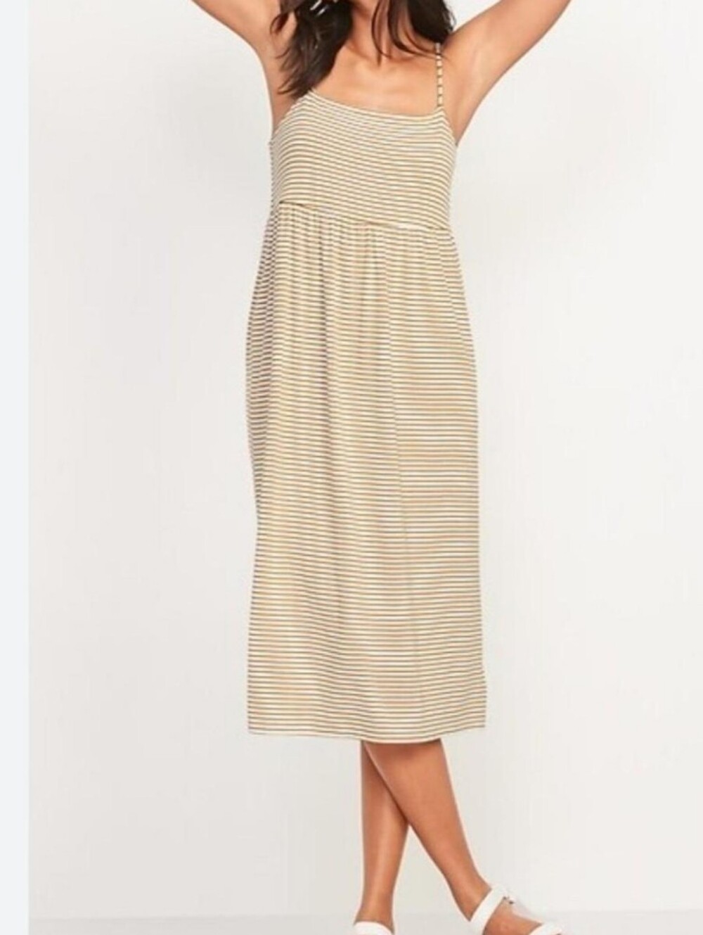 Old Navy Beige and White Striped Spaghetti-Strap Midi Dress